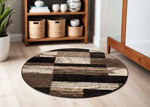 12' Black Brown And Beige Patchwork Runner Rug